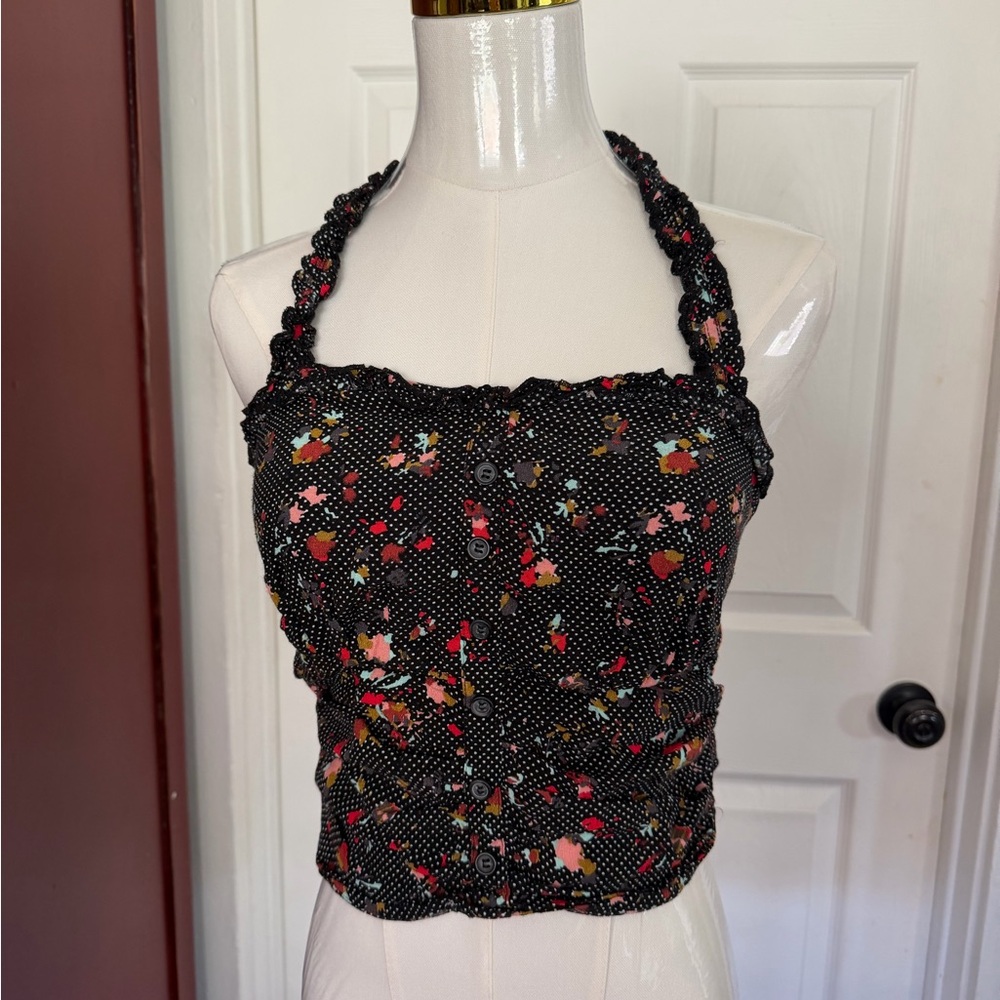Free People Floral Halter Crop Top - Black and Pink